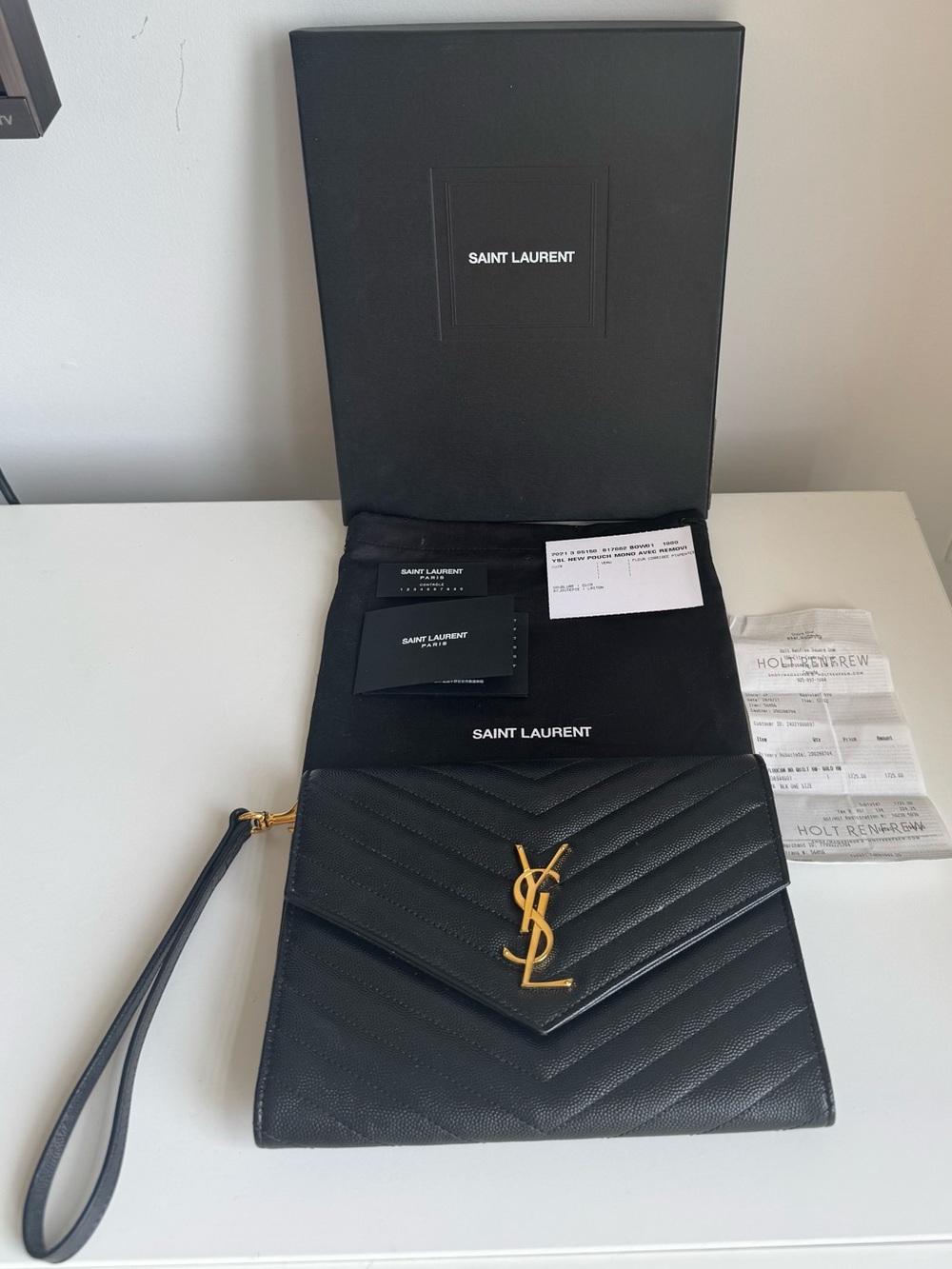 Saint Laurent Monogram Envelope Wristlet / Clutch – Black Grain de Poudre